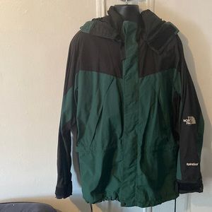 Green/black north face hoodie zippered waterproof/water resistant.Double lined